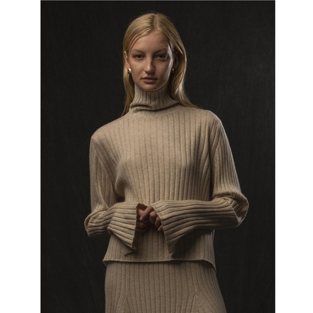 Purecashmere NYC Turtleneck Rib Sweater Oatmeal Cashmere Size XS/S